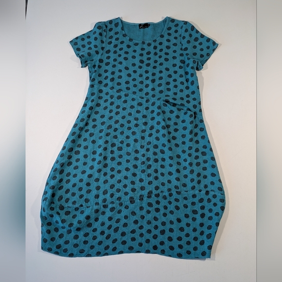 Fenini Short Sleeve Linen Polka Dot Teal Dress Size Medium - Picture 5 of 12